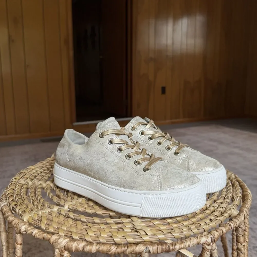 $420 Paul Green Hadley Platform Sneaker Leather Metallic Gold Beige UK 5.5 US 8